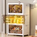 Multi Layered Folding Storage Cabinet, Large capacity Standing Storage Cabinet Shelf Transparent and Visible Dustproof Toy Storage Box, Snacks Locker, Bookcase with Universal Wheels (5 Layer) - white - Image 3