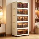 5 Tier Storage Cabinet with Wheels, Collapsible Organizer for Clothes, Large Capacity Foldable Cabinet for Bedroom Living Room Office, Stackable PP Unit with Dual Opening Doors & Top Lid |58x27x130CM