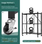Folding Storage Shelf with Wheels, 3 Layer No Assembly Rolling Shelving Unit, Heavy Duty Metal Foldable Organizer Cart for Home Office Kitchen Bathroom (Black, 3-Tier) - Image 5