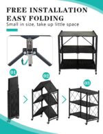 Folding Storage Shelf with Wheels, 3 Layer No Assembly Rolling Shelving Unit, Heavy Duty Metal Foldable Organizer Cart for Home Office Kitchen Bathroom (Black, 3-Tier) - Image 3