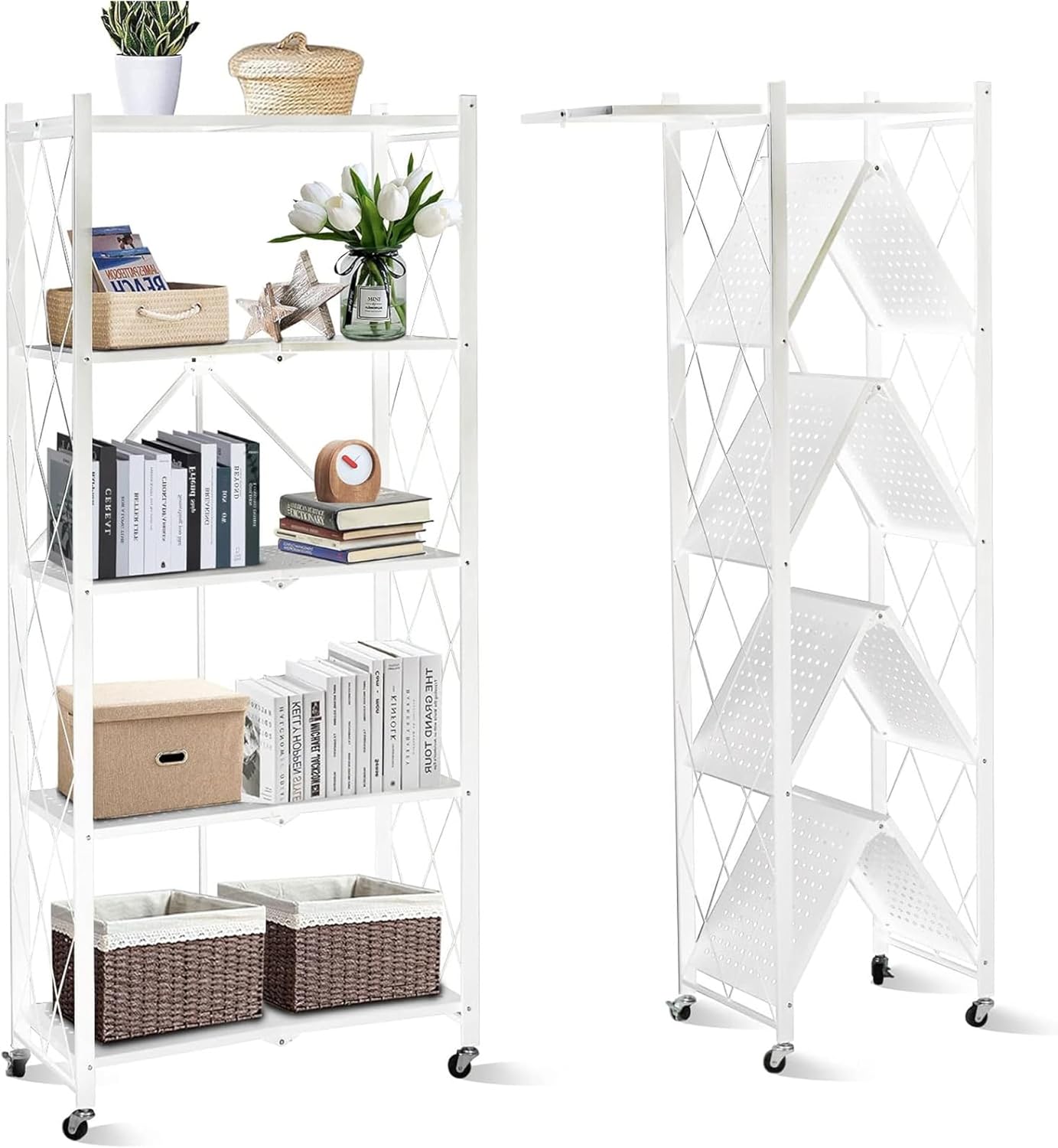 712QzQ-OpTL._AC_SL1500_.jpg Sulfar 5 Tier Foldable Storage Shelves | Multipurpose Storage Rack for Kitchen, Living Room, Bedroom, Garage | Easy Assembly Cabinet Organizer Shelf (White) | 5-Shelf - Image 1
