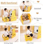 AM ANNA Kids Art Easel with Stool, 3 in 1 Double-Sided Magnetic Dry Erase Board and Kids Book Rack with Foldable Desktop, Standing Easel with Bottom Storage Shelf,Adjustable Table & Chair Set for 1-5 - Image 4