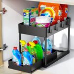 Jorunb Under Sink Organizer, 2 Tier Bathroom Cabinet Organizer with Sliding Basket, Multi-Purpose Under Sink Organizers and Storage for Bathroom Kitchen (4 Hooks)