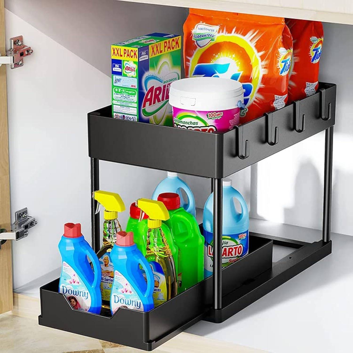714Dk5F5KOL._AC_SL1500_.jpg Jorunb Under Sink Organizer, 2 Tier Bathroom Cabinet Organizer with Sliding Basket, Multi-Purpose Under Sink Organizers and Storage for Bathroom Kitchen (4 Hooks) - Image 1