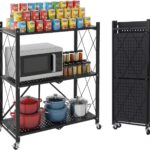 3 Tier Foldable Storage Shelves with Wheels, Metal Collapsible Organization Storage Rack, No Assembly Folding Bookshelf, Rolling Storage Rack Holds 330 Ibs for Kitchen, Bedroom, Garage, Display, Black