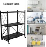 3-Tier Foldable Shelving Unit Bookshelf with Wheels, Kitchen Island Trolley Storage Rack Microwave Oven Shelf Unit Cart for Home Kitchen - Image 6