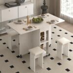 Foldable Dining Table with 4 Padded Chairs,Rolling Dining Table and Chair Set for 4 Seaters,Kitchen Room Desk with Storage Shelves, Expandable Table with Upholsered Stools for Home Small Space (White) - Image 6