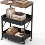 U-HOOME 3 Tier Rolling Cart with Wooden Tabletop,Foldable Metal Storage Trolley Cart Organizer Printer Table Cart,Movable Storage Cart Organizer with Wheels for Kitchen,Office,Bedroom