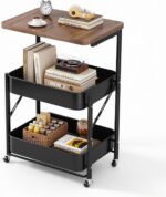 U-HOOME 3 Tier Rolling Cart with Wooden Tabletop,Foldable Metal Storage Trolley Cart Organizer Printer Table Cart,Movable Storage Cart Organizer with Wheels for Kitchen,Office,Bedroom