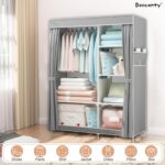 Beauenty 105CM Wide Foldable Closet, Non-Woven Fabric Cloth Storage Organizer with Hanging Rail and Shelves，Side Pull Portable Wardrobe (Grey) - Image 5