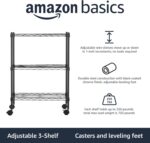 Amazon Basics 3-Shelf Narrow Storage Unit On Wheels With Height Adjustable Shelves and Levelling Feet, 340 kg Max Weight, Black, 34 cm D x 58.9 cm W x 83.2 cm H - Image 4
