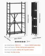 VEVOR 4-Tier Foldable Storage Shelf, 28W x 13D x 54H Inch Folding Metal Rack Shelving Unit, Heavy Duty No Assembly Organizer Shelf with 5 Wheels & 4 Hooks for Pantry, Kitchen, Garage, Basement, Black - Image 2