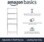 Amazon Basics 5-Shelf Narrow Storage Unit With Height Adjustable Shelves and Levelling Feet, 453kg Max Weight, Chrome, 34 cm D x 58.9 cm W x 152.5 cm H - Image 4