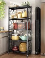 5-Tier Foldable Shelves,Organizers Rolling Cart Display Wire Rack, with Wheels Storage Shelving Unit,Heavy Duty Garage Storage Rack,Black Metal Kitchen Shelf