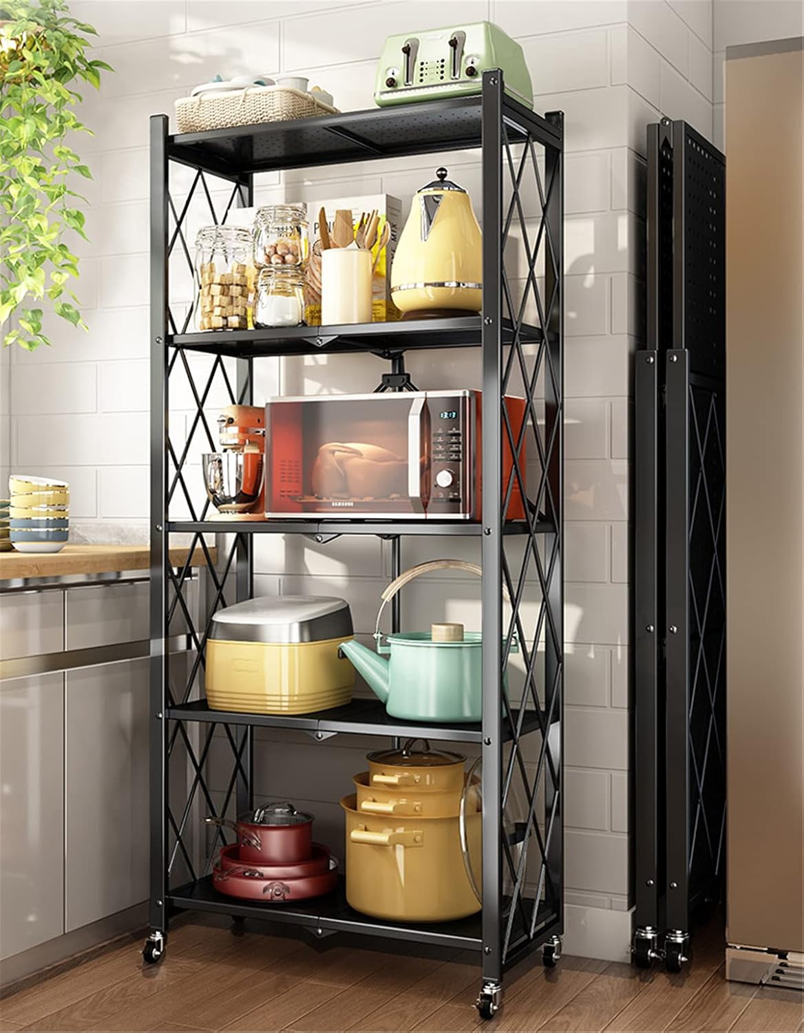 71BWNwUviMS._AC_SL1500_.jpg 5-Tier Foldable Shelves,Organizers Rolling Cart Display Wire Rack, with Wheels Storage Shelving Unit,Heavy Duty Garage Storage Rack,Black Metal Kitchen Shelf - Image 1