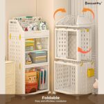 Beauenty Kids Bookshelf with Wheels & DIY Pegboard,Foldable Standing Storage Shelf,Kids Picture Book Shelf for Living Room,Bedroom and School (White 2Tier) - Image 5