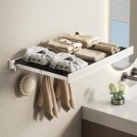 Wall Mounted Foldable Shelf, Invisible No-Drill Retractable Organizer with with Collapsible Net and 8 Hooks for Bathroom, Holds Towels & Clothes