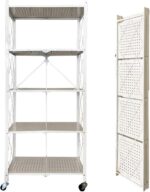 Sulfar 5-Tier Foldable Metal Storage Shelf with Caster Wheels | Heavy-Duty Kitchen & Home Organizer Rack – White (1pc)