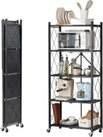 Foldable Storage Shelf, No Assembly Required Metal Storage Shelves on Wheels for Living Room Bedroom Kitchen (Black, 5-Shelf)