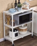 SKY-TOUCH Foldable Storage Shelves 3 Tier, Storage Shelves Kitchen Cabinet Storage Rack with Caster Wheels, Multi-Shelf Foldable Storage Shelves for Living Room Bedroom Kitchen Garage Office White - Image 4