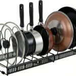 SKY-TOUCH Pot and Pan Organizers Rack : Expandable Pot Lid Organizer Holder with 10 Adjustable Compartment Cookware Plate Rack for Kitchen Cabinet Black