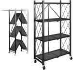 Foldable Organizer, 4 Tier Storage Racks with 4 Swivel Wheels, Multipurpose Freestanding Rack Shelf Storage for Bedroom Kitchen Garage Bathroom Living Room