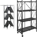 Foldable Organizer, 4 Tier Storage Racks with 4 Swivel Wheels, Multipurpose Freestanding Rack Shelf Storage for Bedroom Kitchen Garage Bathroom Living Room
