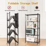Letusto Heavy Duty Foldable Collapsible Shelf with Wheels with Breaks - Folding Metal Frame Shelving Pantry Organizer System Rack - Shelves with No Assembly Required (Black, 5 Tier) - Image 8