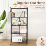 Letusto Heavy Duty Foldable Collapsible Shelf with Wheels with Breaks - Folding Metal Frame Shelving Pantry Organizer System Rack - Shelves with No Assembly Required (Black, 5 Tier) - Image 9