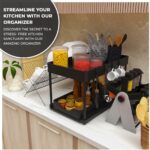 Qunix 1 Pc Under Sink Organiser│ Multi-Purpose Storage Cabinet Organiser For Kitchen & Bathroom│Space Saver 2-Tier Sliding Rack For Workspace│Compactable Nonslip Stand For Laundry With 4 Hooks【Black】 - Image 6