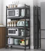 5-Tier Storage Shelving Unit Metal Shelf, Foldable Shelves with Wheels Storage Shelving Unit,Organizers Rolling Cart Display Wire Rack,for Kitchen Garage Home Office,40.5×38×145cm