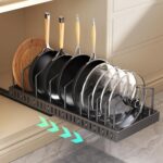 Oasisgalore 42 CM Pots and Pans Organizer, Black Sliding Pull Out Cast Iron Pan Cookware Pot Lid Organizer Rack Kitchen Drawer Organiser with 10 Adjustable Dividers inside Cabinet for Pots