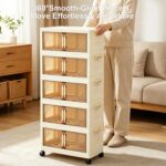 5 Tier Storage Cabinet with Wheels, Collapsible Organizer for Clothes, Large Capacity Foldable Cabinet for Bedroom Living Room Office, Stackable PP Unit with Dual Opening Doors & Top Lid |58x27x130CM - Image 4
