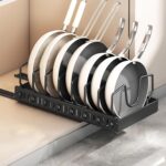 Pots and Pans Organizer Under Cabinet, Sliding Pot Lid Holder and Pan Rack in Kitchen, Pull Out Pot and Pan Organizer for Cabinet, Pot Lid, Dishes, Bakeware, Pots and Pans Storage (Black)