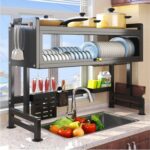 Heavy Duty Over The Sink Dish Drying, 3 Tier Metal Over The Counter Dish Drying Rack with Dust-Proof Cabinet, Height Large Drainer with Utensil Holder for Kitchen(Black)