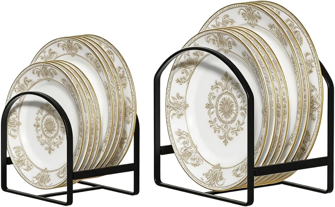 71IHMVvUhML._AC_SL1500_.jpg 2 Pack Kitchen Plate Holder Organizer for Cabinet Space Saver Dinner Dish Plate Storage Rack Upright Dish Drying Racks Metal Plate Dish Stand for Cupboard Countertop Rustproof Black (1 Large 1 Small ) - Image 1