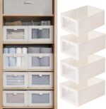 Pradnel Linen Closet Organizers - 4 Pack Foldable Storage Bins with Clear Window - Organize Clothing, Jeans, Shelves