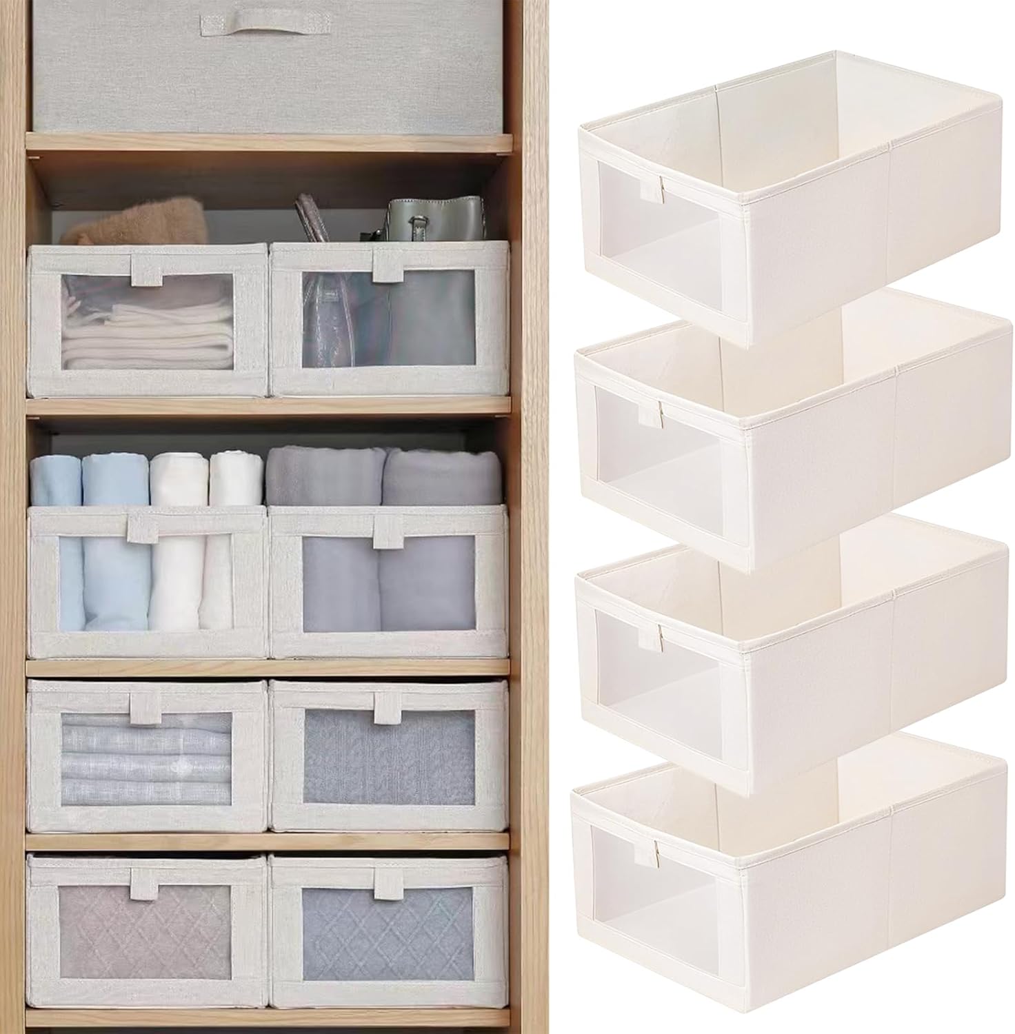 71IyPQJ0CBL._AC_SL1500_.jpg Pradnel Linen Closet Organizers - 4 Pack Foldable Storage Bins with Clear Window - Organize Clothing, Jeans, Shelves - Image 1