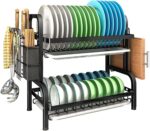 Nyganmelloz 2-Tier Stainless Steel Dish Drying Rack, Dish Drainer with Drip Tray & Utensil Holder, Multifunctional Countertop Organizer with Cup, Cutting-Board, Plate Holder for Kitchen Sink, Black