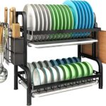 Nyganmelloz 2-Tier Stainless Steel Dish Drying Rack, Dish Drainer with Drip Tray & Utensil Holder, Multifunctional Countertop Organizer with Cup, Cutting-Board, Plate Holder for Kitchen Sink, Black