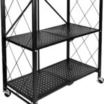HealSmart 3-Tier Heavy Duty Foldable Metal Rack Storage Shelving Unit with Wheels Moving Easily Organizer Shelves Great for Garage Kitchen Holds up to 750 lbs Capacity, Black (HKSHLFFOLD28153403BV1)
