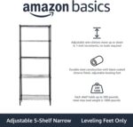 Amazon Basics 5-Shelf Narrow Storage Unit With Height Adjustable Shelves & Levelling Feet, 453 kg Max Weight, Black, 34 cm D x 58.9 cm W x 152.5 cm H, No Wheels - Image 4