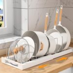 HIKKY Expandable Pots and Pans Organizer, Pots Lid Organizer Rack for Kitchen Cabinet Organizers and Storage with 7 Adjustable Dividers and Anti-scratch Strip