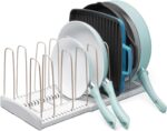 Youcopia Storemore Expandable Cookware Rack Adjustable Pan Organizer for Kitchen Cabinet Storage, Made from Durable Plastic and Steel, White - 50138