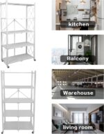 5-Tier Foldable Storage Shelf with Wheels - Metal Collapsible Shelving Unit Display, Rolling Cart for Books Kitchen Storage Shelves, Pantry & Closet Organizer，No assembly required - Image 5