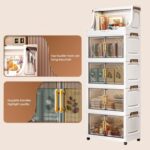 Open Upper Platform Storage Cabinet, 5-Tier Foldable Organizer Box Storage with Lids, Stackable Cabinet with Wheels & Magnetic Doors for Clothes Snacks Toys Book Storage 47*27*130cm (Yellow Handles) - Image 3
