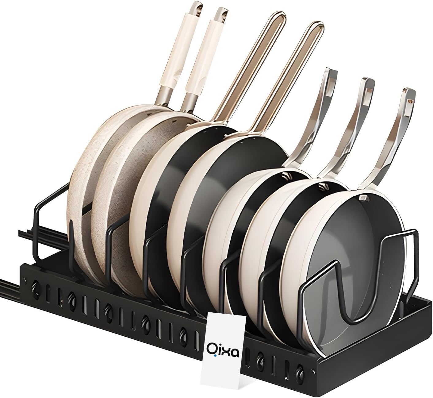 71PjCXtrnAL._AC_SL1500_.jpg Qixa Expandable Kitchen Dish Rack – Adjustable Cookware Organizer with Retractable Base & Dividers for Pans, Lids, Plates, Cutting Boards, Bakeware, Durable, Easy Assembly for Cabinet or Countertop - Image 1