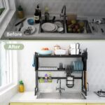 Heavy Duty Over The Sink Dish Drying, 3 Tier Metal Over The Counter Dish Drying Rack with Dust-Proof Cabinet, Height Large Drainer with Utensil Holder for Kitchen(Black) - Image 4