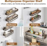 Wall Mounted Spice Rack, 40cm Metal Shower Caddy Organizer with 5 Hooks & Towel Bar, No Drilling Suction Cup Shower Shelf Rustproof Hanging Holder for Bathroom Kitchen Cabinet Corner Storage Rack - Image 6