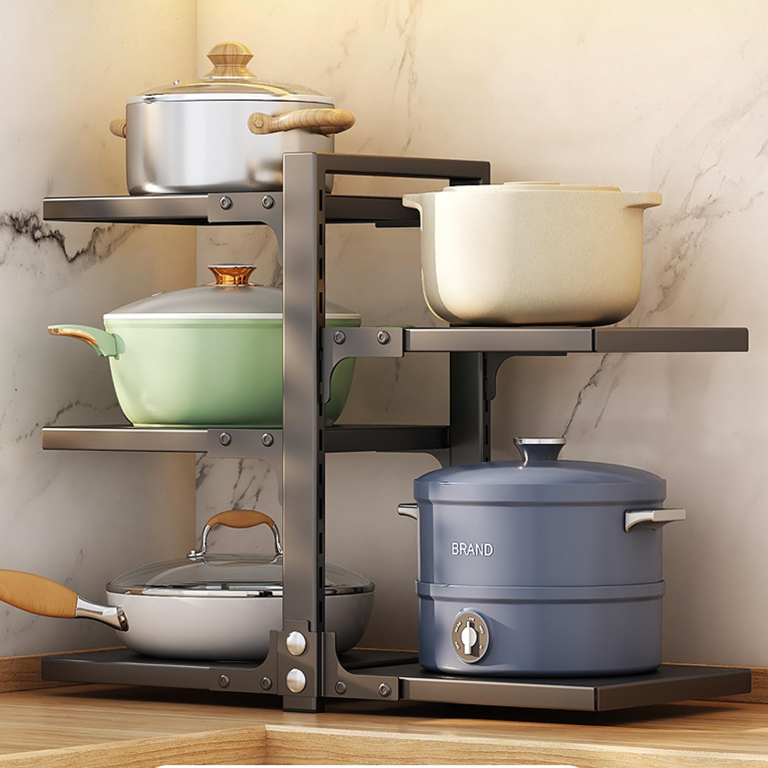 71RV0OgXhnL._AC_SL1500_.jpg Tycom Pots and Pans Organizer for Cabinet,Kitchen Organizer and Storage Rack,Space Saving Stand with Adjustable Dividers,5 Layer Double Sided With Panel Black. - Image 1